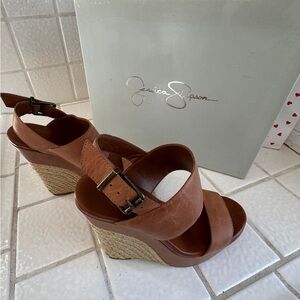 Jessica Simpson Tan Leather Espadrille Wedge Sandals